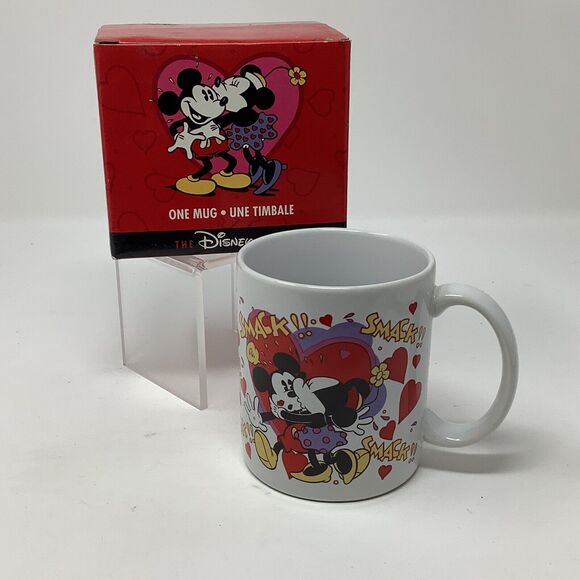 The Disney Store Coffee Mug Tea Cup Mickey Minnie Kissing Hearts Smack Valentine - Picture 1 of 12